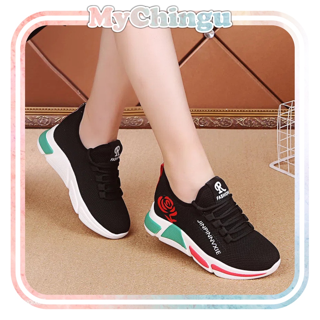 ❀ Chingu ❀ SEP025 (Tanpa Kotak) Sepatu Sneakers Wanita Putih Hitam Hijau Bunga Sporty Model Korea Fashion Casual Sport Olahraga Import COD