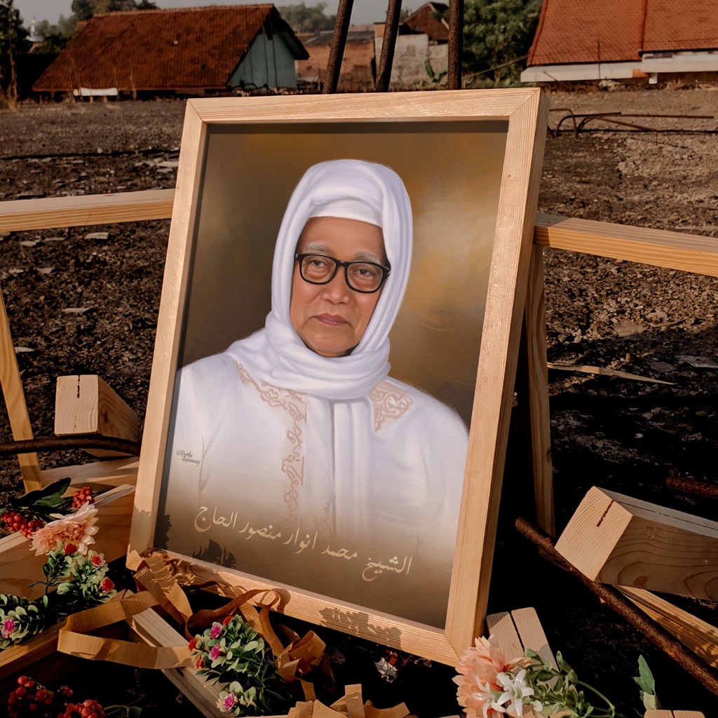 Lukisan KH. M. Anwar Manshur Lirboyo Kediri di Papan MDF + Pigura Kayu Ukuran 20x30 dan 30x40 cm Pos