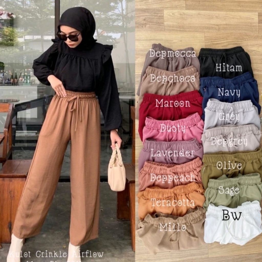 kulot crinkle airflow panjang highwaist jumbo premium kekinian korean style celana wanita santai pinggang karet terbaru