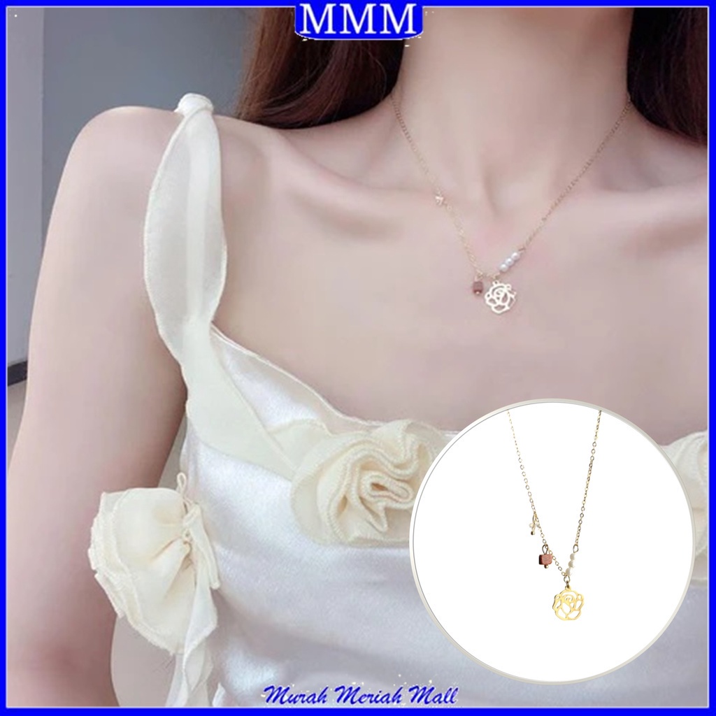 MMM Kalung Wanita Mutiara Bunga Mawar Korea Style 6664 Perhiasan Kalung Titanium Gaya Korea Murah Import