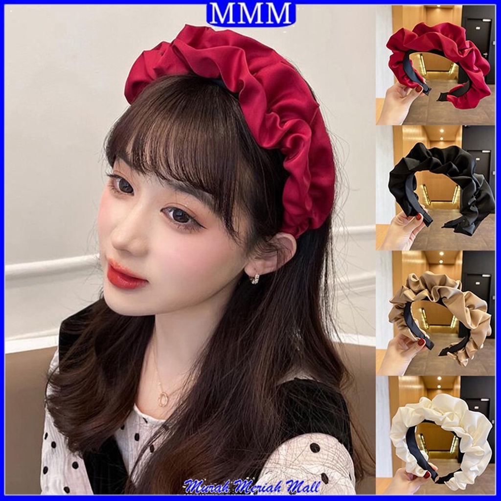 MMM Bando Kerut Lebar Satin Besar Korea Headband Ruffle Bandana Kain Polos Wanita Bando Kain Scrunchie Fashion