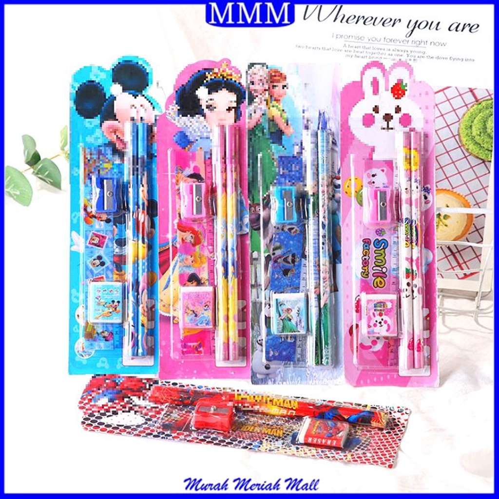 MMM Stationery Set 5 in 1 Alat Tulis Paket Anak Sekolah Penghapus penggaris Pensil Serutan Karakter Lucu Import