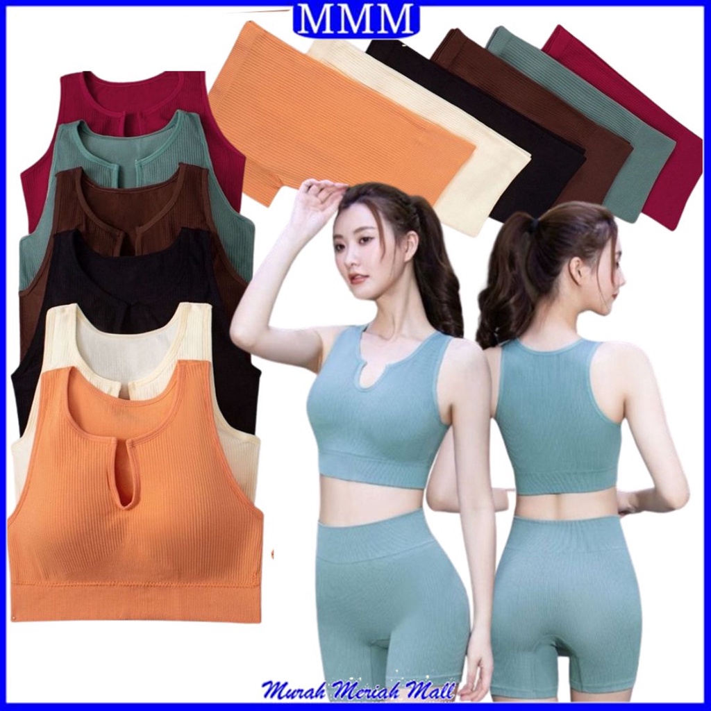 MMM Tank Top Set Celana Olahraga Wanita 6574 Model Vneck Sport Wanita One Set Tanktop Celana Pendek BH Push Up Wanita Tanpa Kawat Elastis Pakaian Dalam Yoga Wanita Murah Import