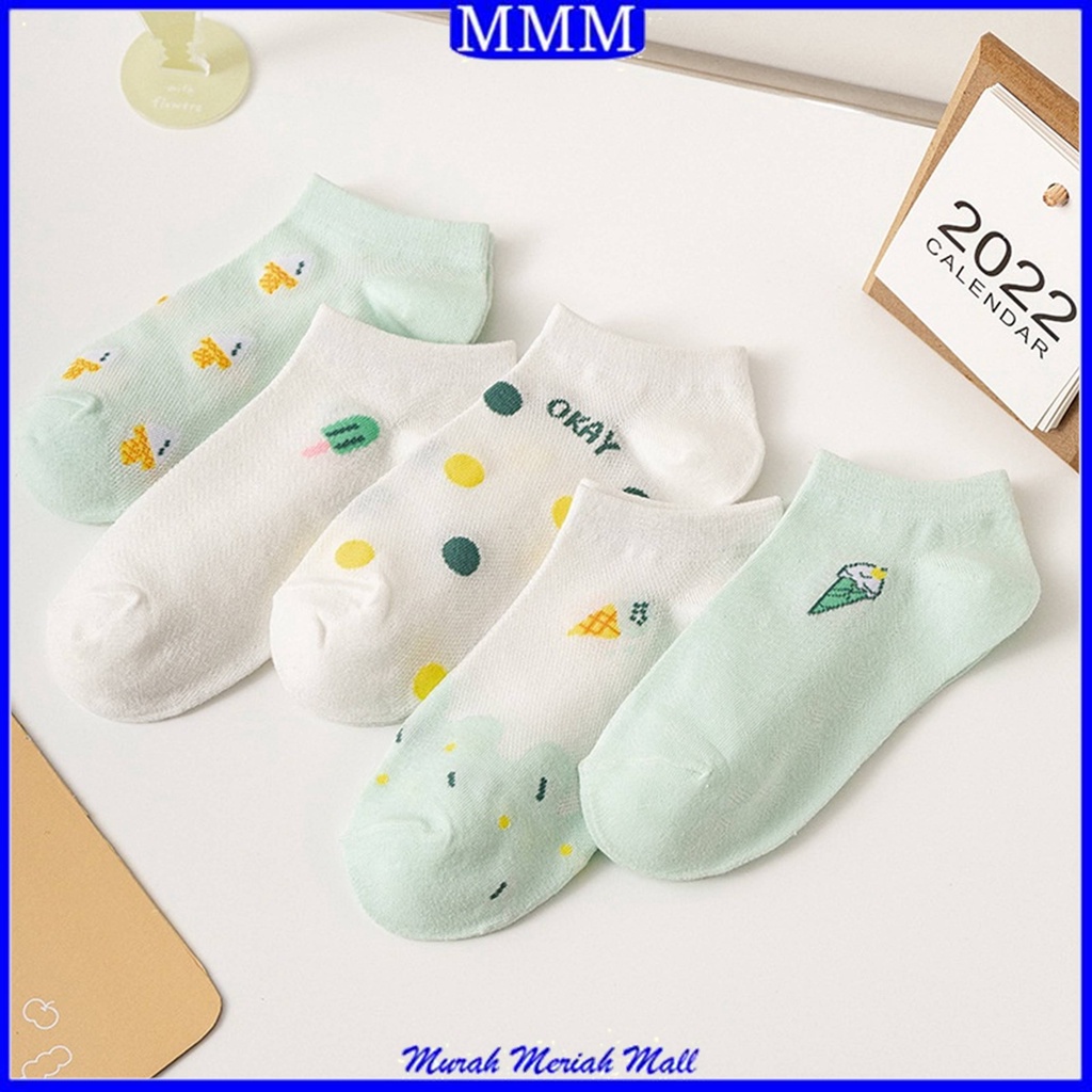 MMM Kaos Kaki Wanita Pendek Ice Cream 6588 Sarung Kaki Unisex Semata Kaki Warna Hijau Motif Es Krim Ankle Socks Karakter Korean Model Simple Cute