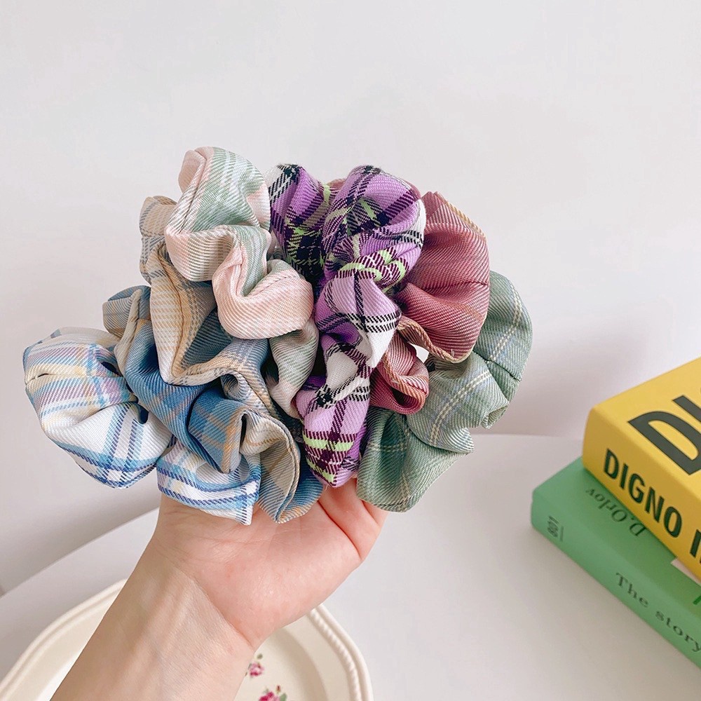 MMM IKAT RAMBUT SCRUNCHIE ELASTIS MOTIF KOTAK GARIS BAHAN KATUN GAYA KOREA ISI 3 PCS FREE POUCH