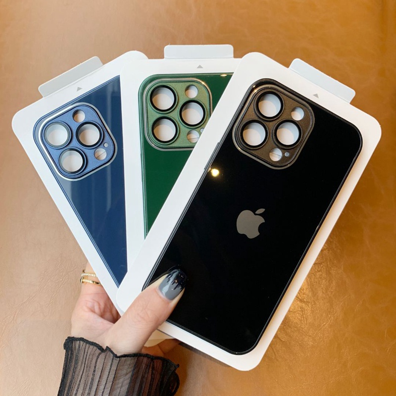 Casing Ponsel Kaca Tempered 9D Mewah Untuk 11 12 13 14 Pro Max Dengan Lensa Pelindung Kamera Shockproof 11 ProMax Square Edge Liquid Silicone Case