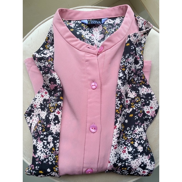 Top Atasan Wanita Tunik Pink Blus Zoya Blouse Cantik Vintage Bunga dan Rok plisket