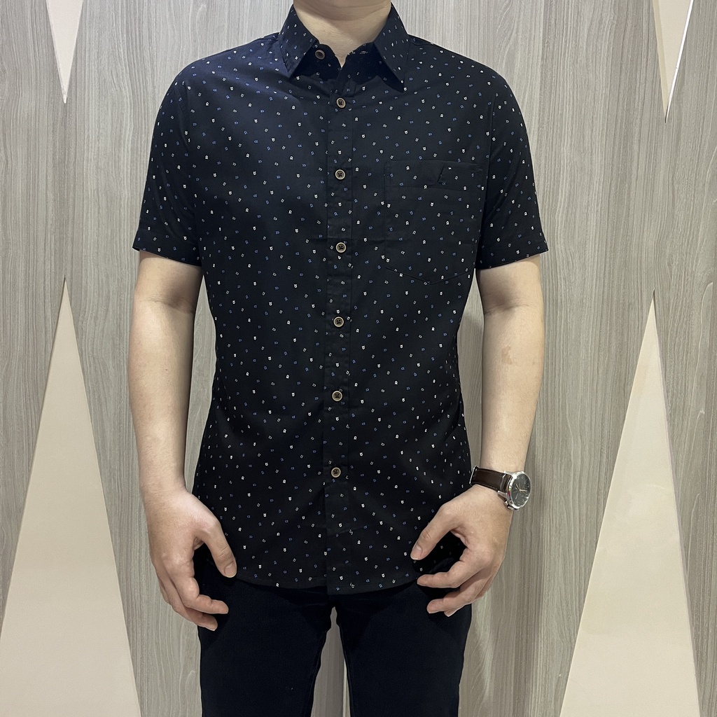 [GRIDLINE - S292 Navy Blue &amp; Jet Black - S180 Black] Kemeja Print Slimfit Pria Katun Lengan Pendek Casual M-XXL