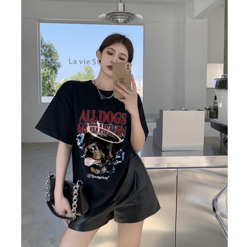 Oversize Dog Cartoon Doodle Kaos Hitam Atasan Wanita Lengan Pendek Oversize Printed T-shirt