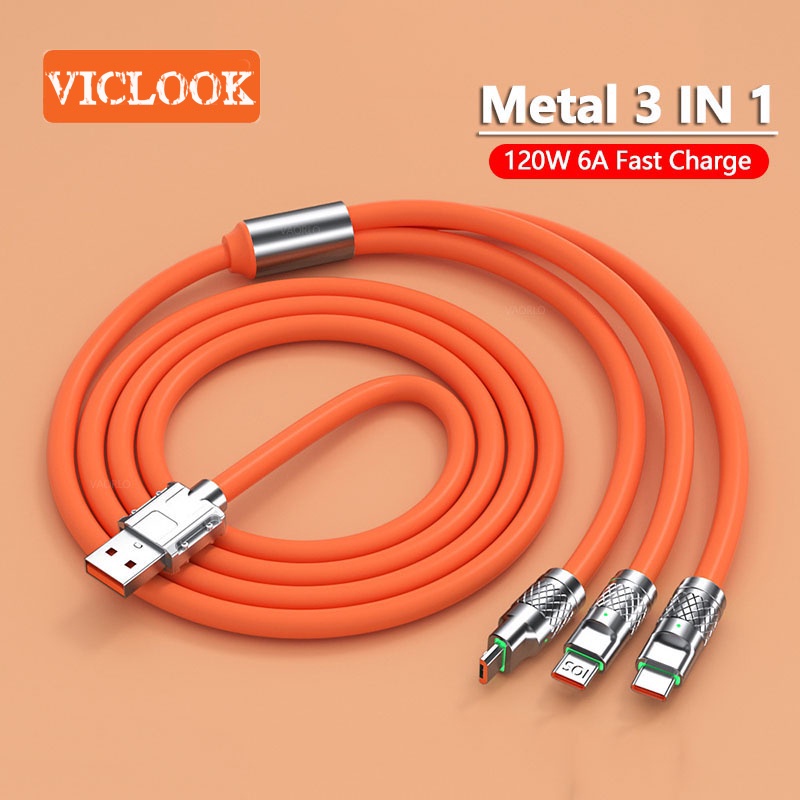 VICLOOK Paduan Seng Asli 3 In 1 120W 6A Kabel Pengisian Super Cepat Silikon Cair Kabel Data Pengisian Cepat Untuk Micro USB Type-C Iphone Dengan Lampu Indikasi