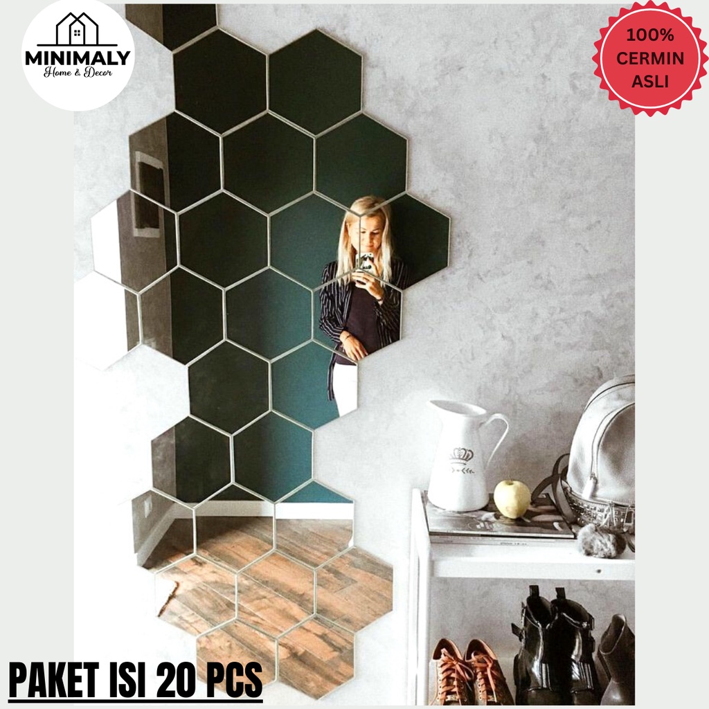 MINIMALY13 Kaca Cermin Hexagonal (PAKET HEMAT ISI 20 PCS) Ukuran 13x11 (CERMIN ASLI) Cermin Tempel K