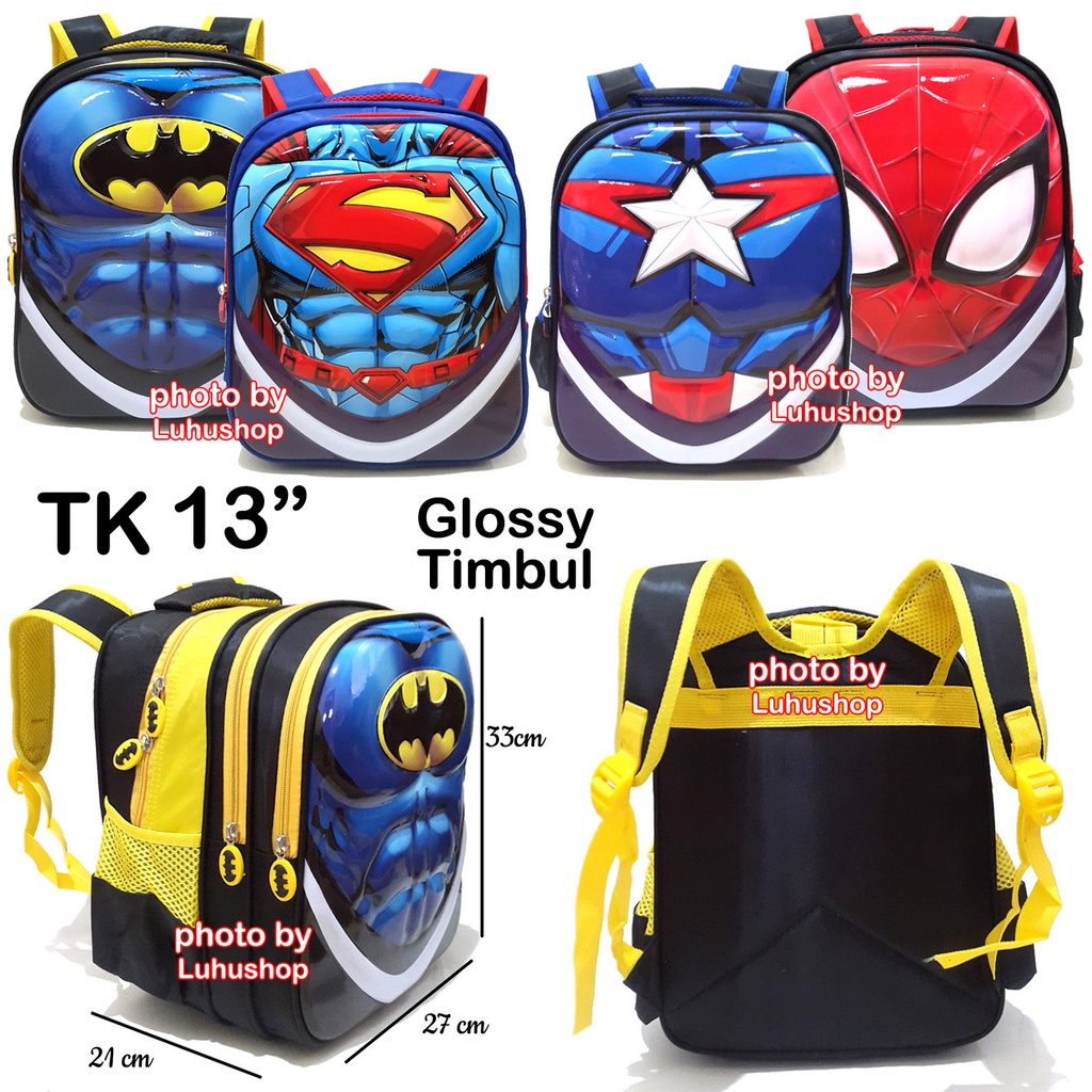 Tas Glossy Kilap TK SD Ransel Timbul 13&quot; Tas Anak Laki Laki Sekolah Superhero Spiderman Batman Captain 1913