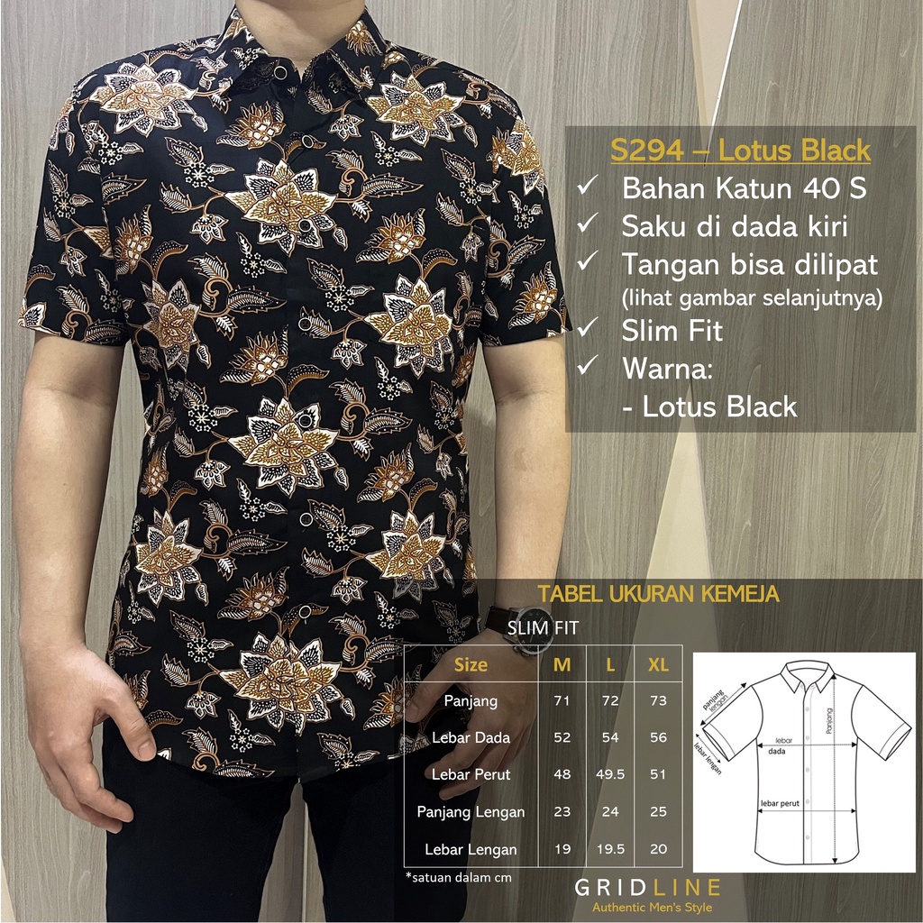 [GRIDLINE - S294 Lotus Black &amp; S216 Black Brown] Kemeja Batik Slimfit Pria Katun Lengan Pendek Modern Elegan Terbaru Match Best Seller