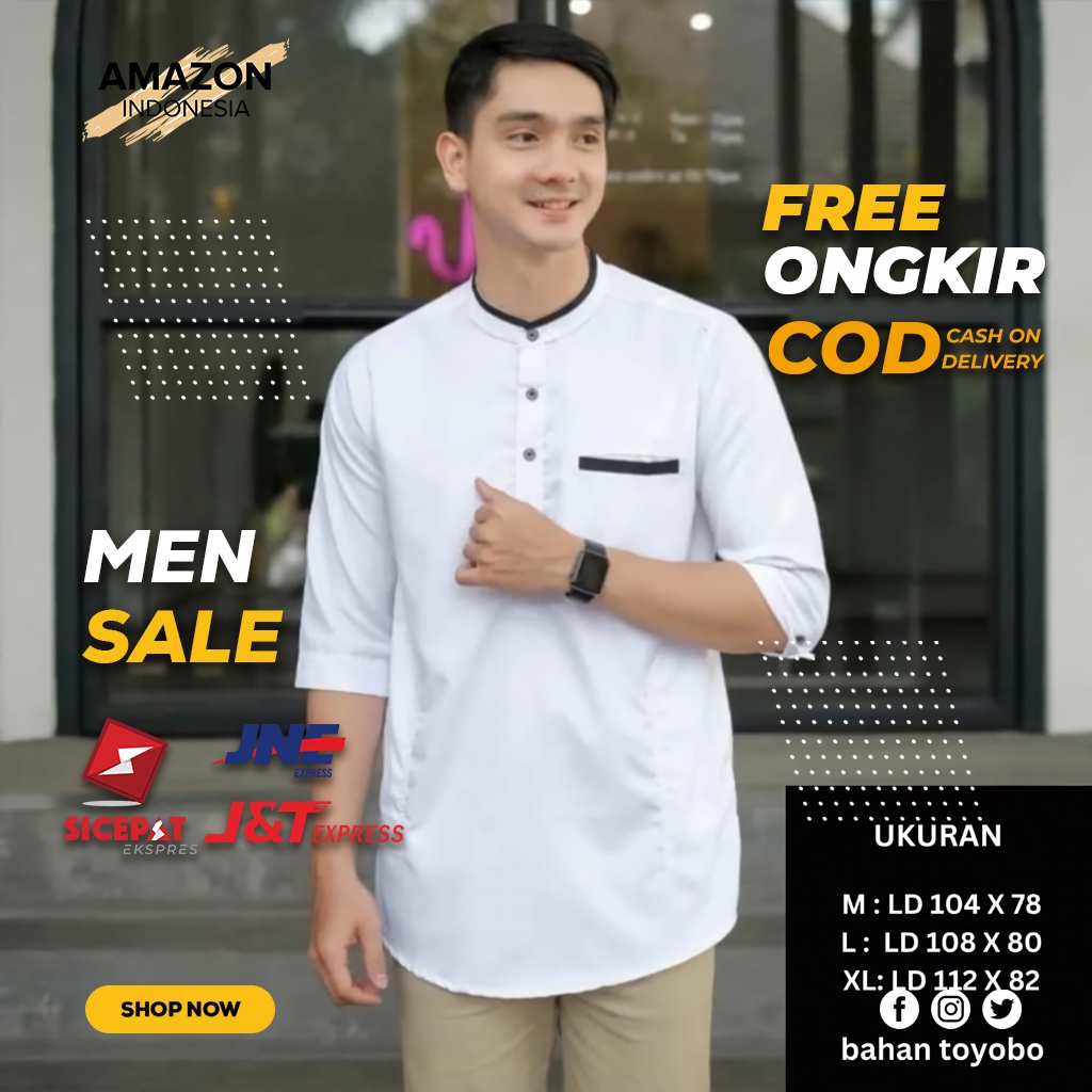 Baju Koko Kurta Dewasa Lengan Panjang 3/4 Warna White Material Catton Adem Serap Keringat