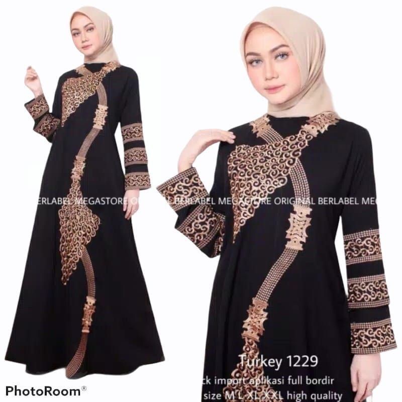 M129135N132 Abaya Turkey Turki Arab Saudi Hitam Bordir Kain Jetblack tidak kusut adem dress abaya mu