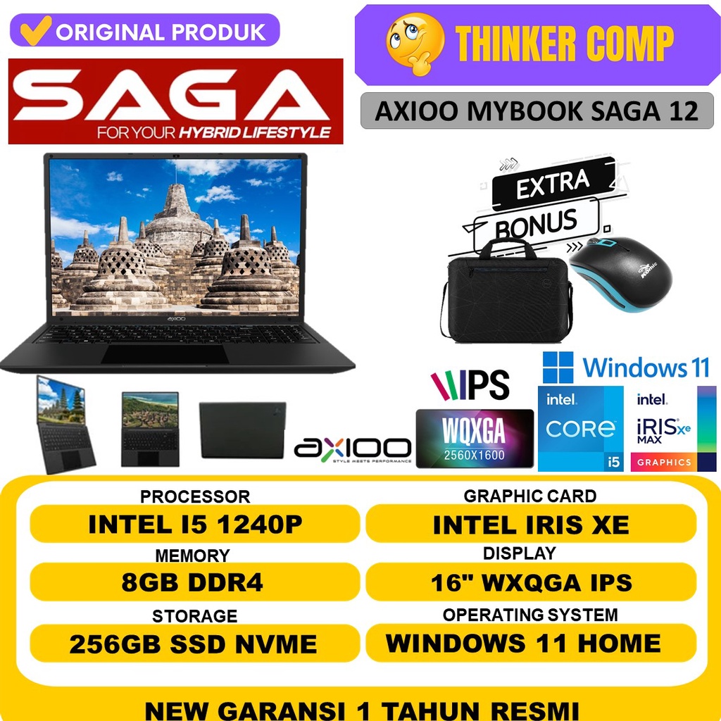 Laptop Murah AXIOO MYBOOK SAGA 10 INTEL I3 1220P GEN 12 RAM 16GB 512GB SSD 2.5K IPS Windows