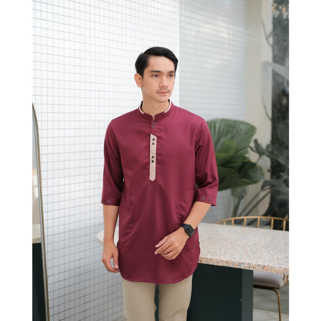 Baju Koko Kurta Pakistan Maroon Tangan 3/4 Super Premium Terbaru Qurta Pria Dewasa Jahitan Rapi Tampil