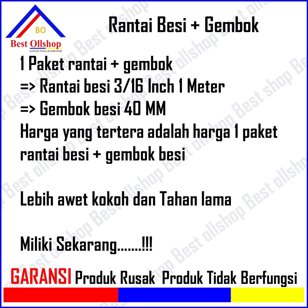 Paket Gembok Rantai 1 M Gembok Kunci Rumah Pagar Sepeda Motor Rantai Besi 3/16 5 MM Gembok 40 MM