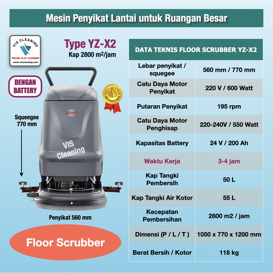 Floor Scrubber YZ-X2 with Battery (Penyikat Lantai utk Ruangan Besar)