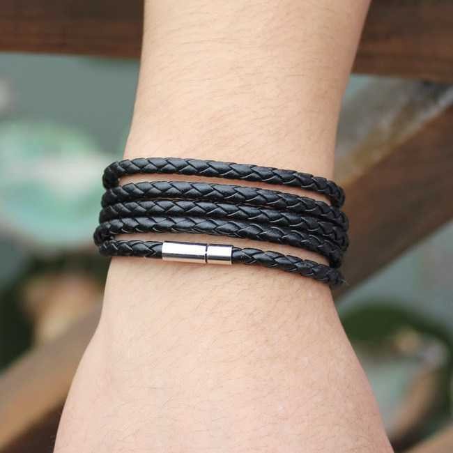 Gelang Braided Kulit Leather Magnetic Bracelet Couple Pria Wanita Tali Model Vintage Hitam 3 5 Laps 