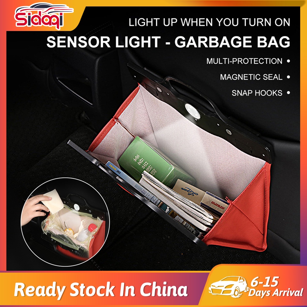 Universal Car Storage Bag Universal Multifungsi Kulit Magnetik Dengan Lampu LED Jok Belakang Mobil Collapsible Trash Can