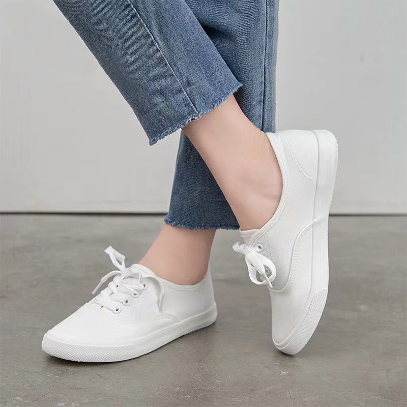 Sneakers Sepatu Puith Polos White Cloth Vulcanized Plain White Canvas Shoes Slip On Unisex Flat 5258 (35-42)