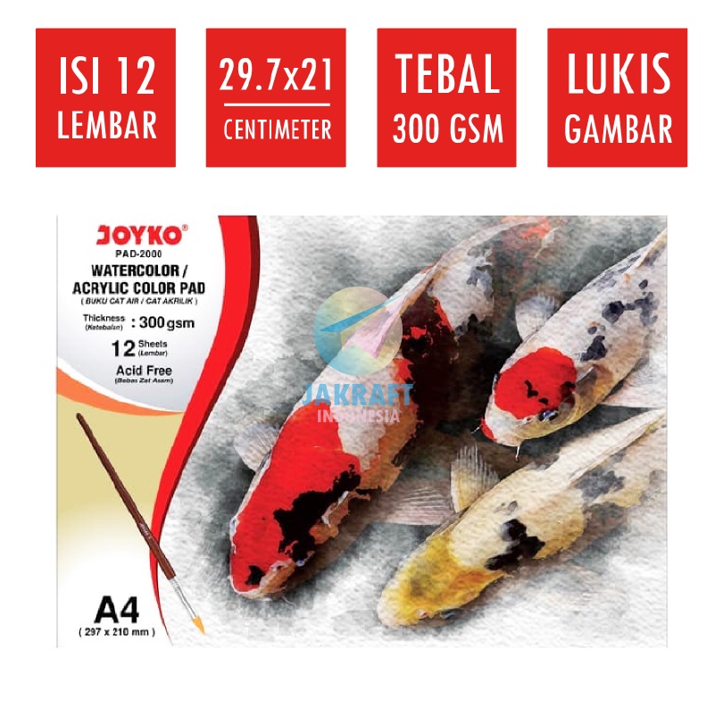 

(12 Lembar) Kertas Kanvas Lukis A4 JOYKO PAD-2000 Watercolor Acrylic Paper Tebal 300 Gsm Segala