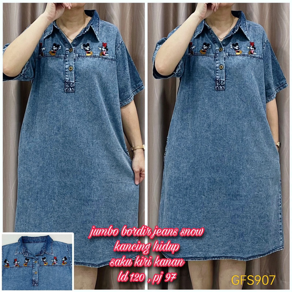 GFS907 Dress Wanita Jeans Snow Jumbo Bordir Mickey Minnie Mouse Saku LD120 PJ97