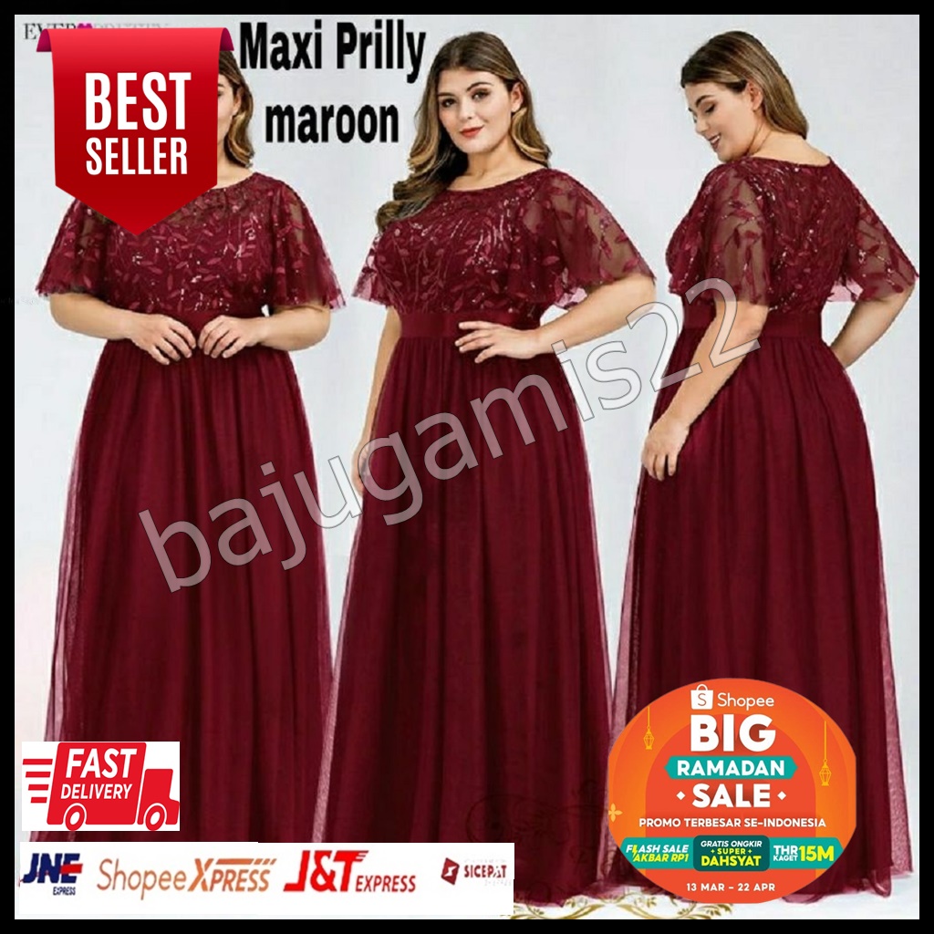 COD - BAJU DRESS PANJANG ELEGAN MODERN PESTA NATAL KOREA 2 Ukuran L XXL Brokat Tile Panjang Kekinian