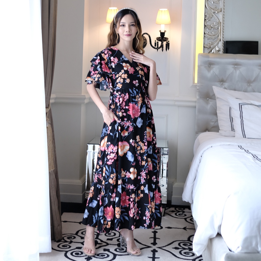 Ladybydiana DEWI FLOWER DRESS Maxi Wanita Ala Korea Bahan Rayon Berkualitas