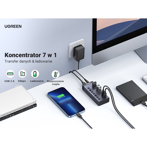 UGREEN HUB 7 Port USB 3.0 High Speed 5Gbps With 4 Charging Port Individual Switches