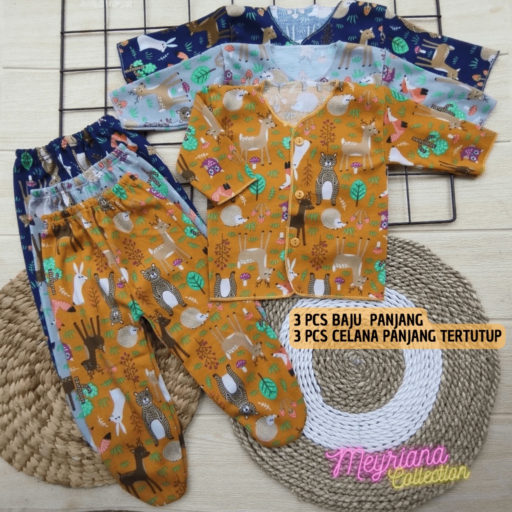 Promo - 6 PCS Baju Bayi Lengan Panjang dan Celana Panjang Tutup Bayi Baru Lahir Motif Printing Animals Zoo Meyriana Collection