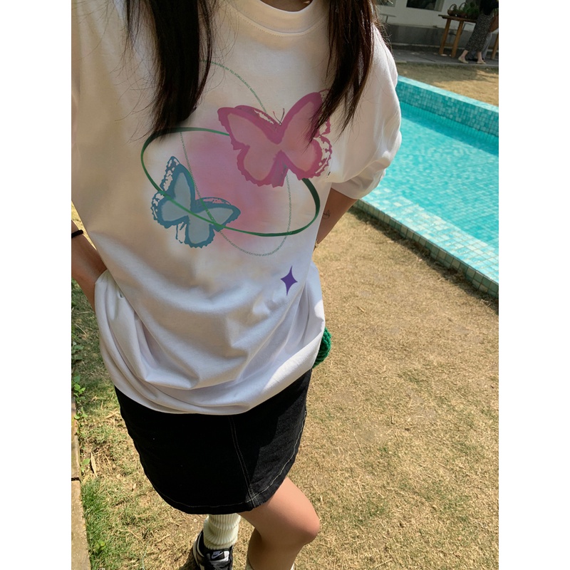 XIAOZHAINV Kaos Atasan Wanita Butterfly Pattern Lengan Pendek A0546