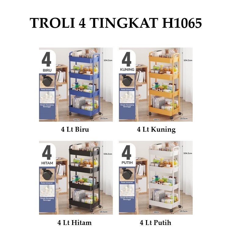 Grosir - H1065 Keranjang Roda Susun 4 Tingkat / Rak Troli Serbaguna / Rak Susun / Troli Penyimpanan Multifungsi