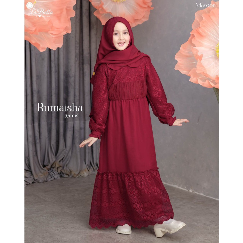 Gamis Anak Maroon Merah Rumaisha Labella Set Kerudung umur 5 - 10 Tahun