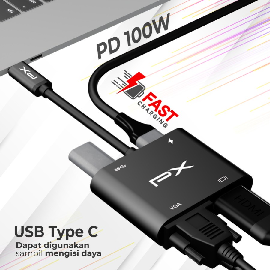 PX UCH14B - Type C 3.1 to VGA USB Hub Converter Adapter 4 in 1 4K