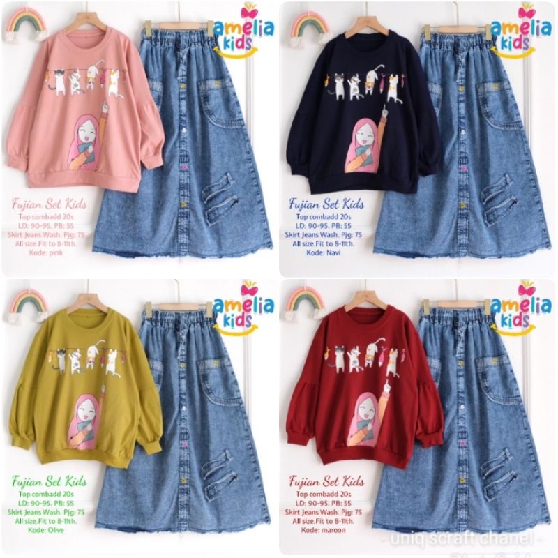 AMELIA KIDS Fujian set kids by Amelia Kids setelan baju anak atasan kaos mix rok jeans skirt Ready B