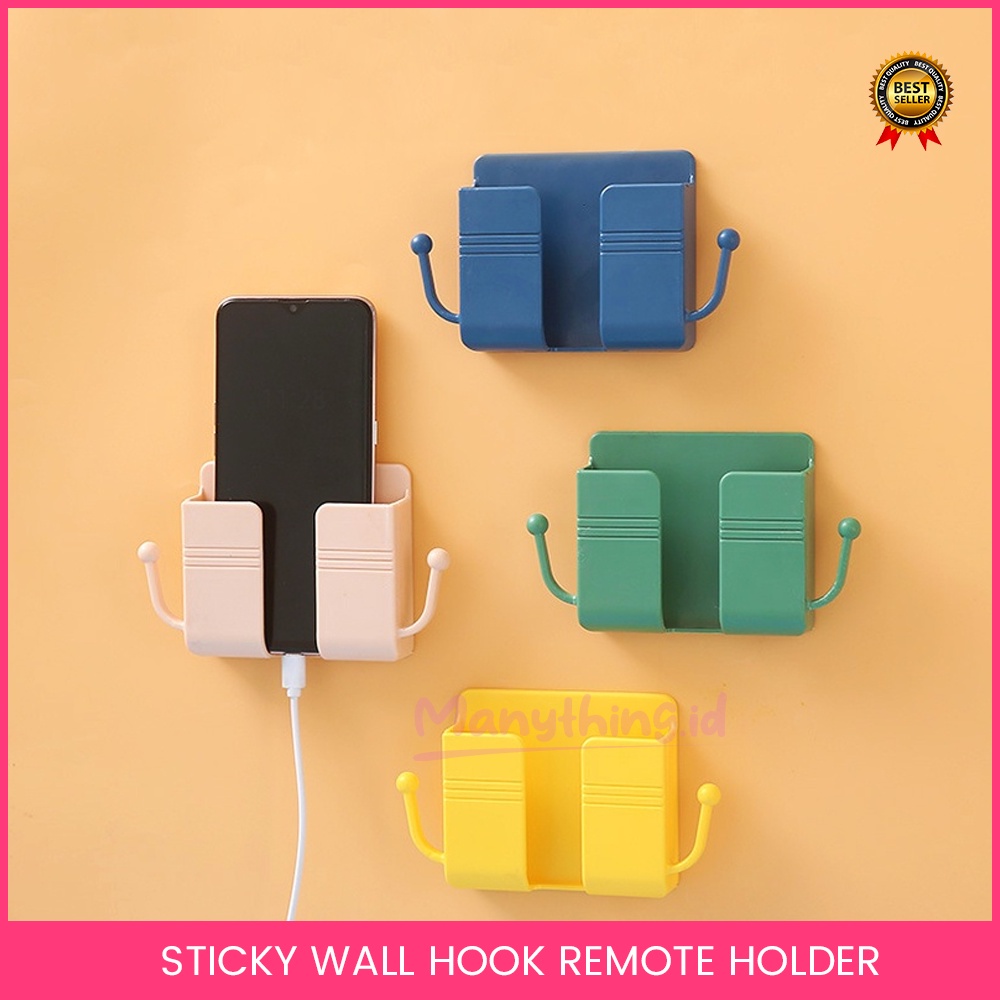 MANYTHING - Holder Tempel Dinding Dengan Gantungan 2 Kait Rak Gantung Tempat Charger Hp Remote TV AC Multifungsi Penyangga Tembok