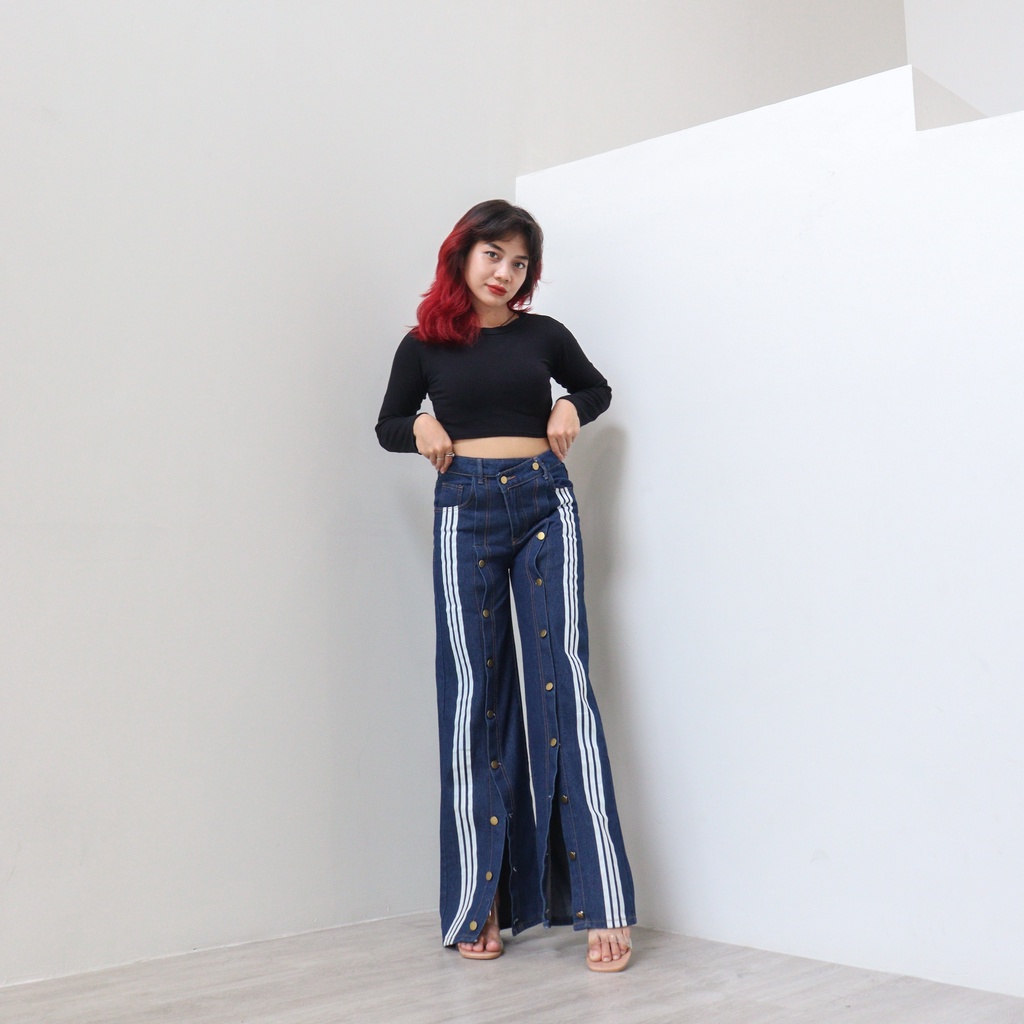 DEMORIN - X8005 - Celana Panjang Highwaist Baggy Jeans List Putih