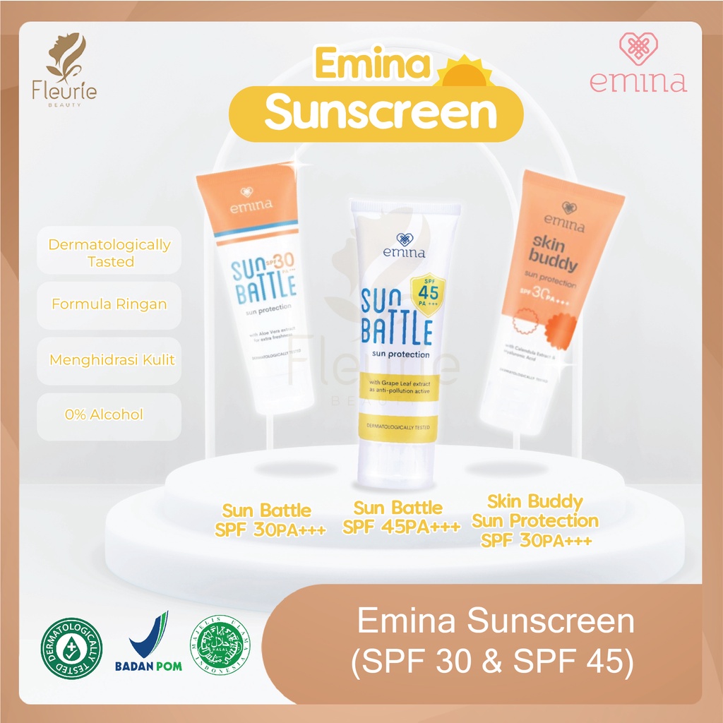Emina Sun Battle SPF30 60mL (Sun Protection) / Sun Battle SPF 45 30mL / Skin Buddy Sun Protection - Sunscreen Perlindungan Sinar UV Original BPOM