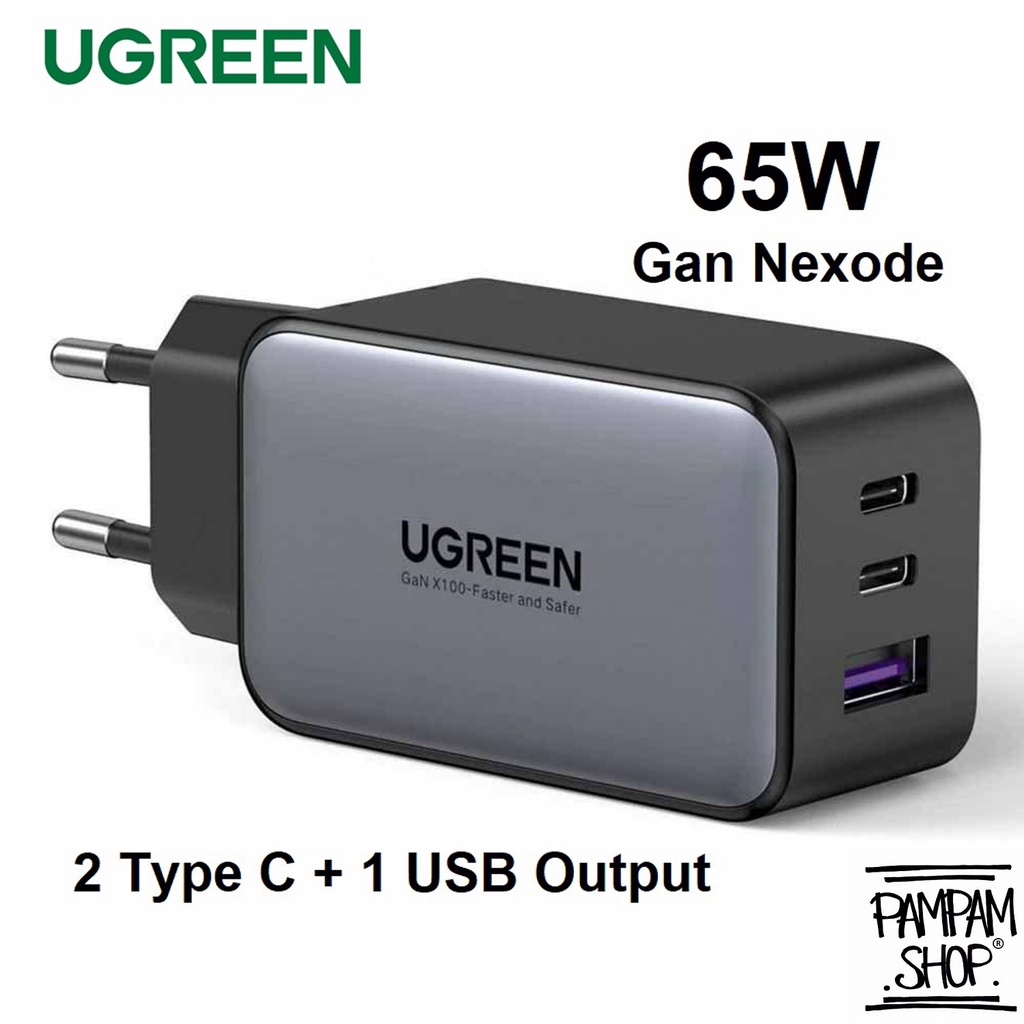 UGREEN ORIGINAL Adaptor Charger Nexode Gan 65W 3A 5A 3 in 1 Type C USB Port Super Fast Charging Quick Charge QC Qualcomm Adaptor Casan Ori 65 Watt