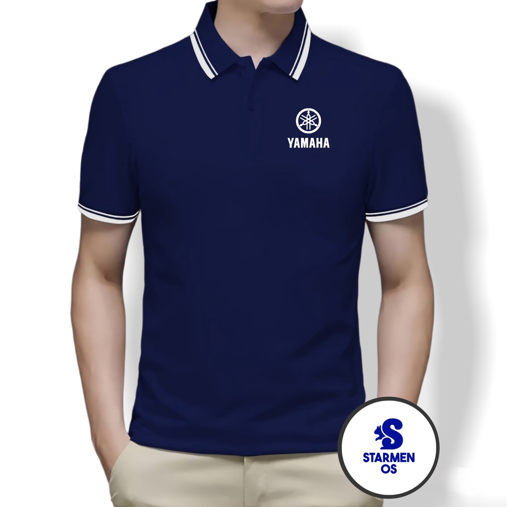 Kaos Polo Shirt Pria Kerah List Putih YAMAHA MID