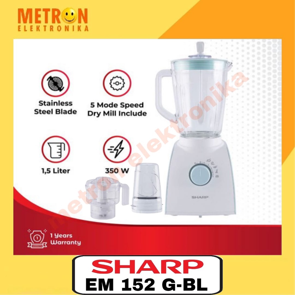 SHARP EM 152G-BL BLUE - BLENDER KACA 1.5L + DRY MILL + CHOPPER