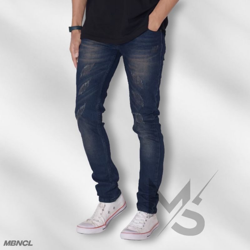 CELANA SOBEK LUTUT CAKAR LASER PRIA JEANS ROBEK LUTUT ORIGINAL UNDERLINE WARNA BIOTHING BAHAN DENIM MELAR SLIMFIT