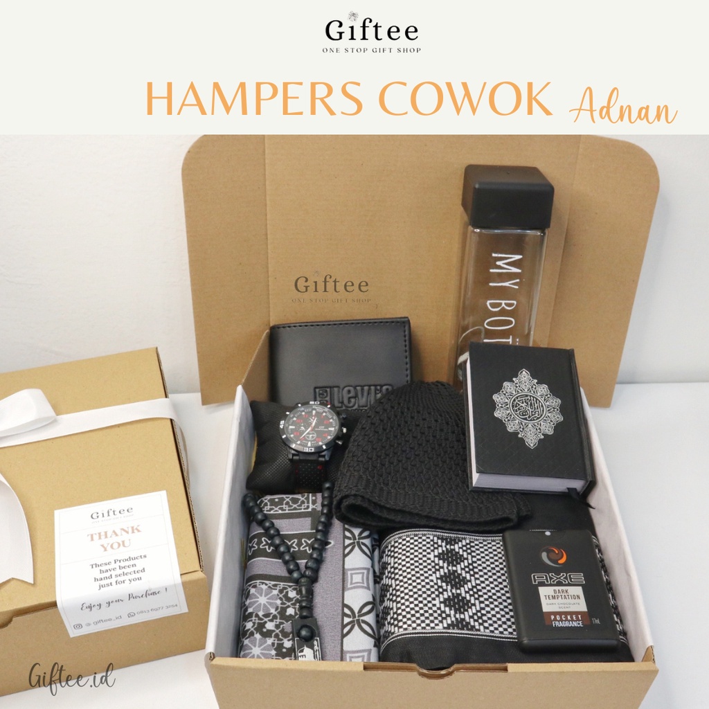 HAMPERS COWOK ADNAN SAJADAH SARUNG ALQURAN JAM DOMPET ALAT SHALAT MUSLIM ISLAM PRIA PREMIUM KADO HAD