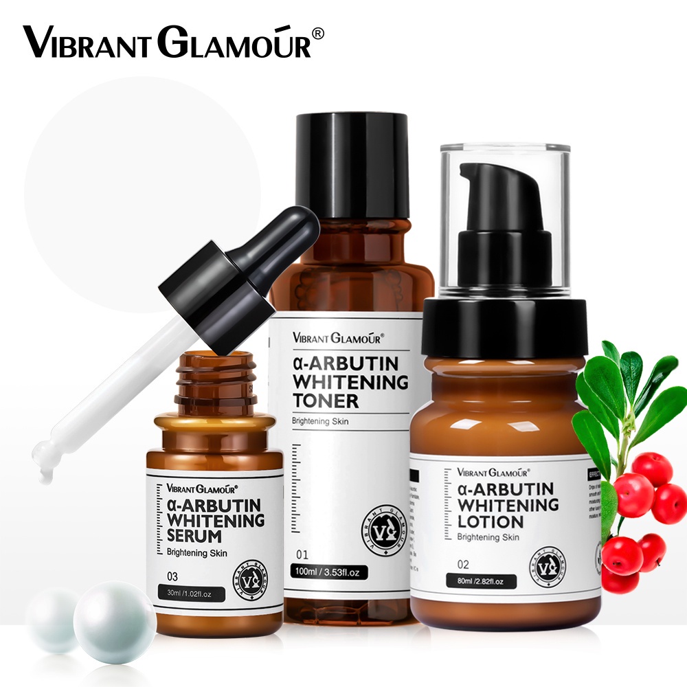 VIBRANT GLAMOUR α-Arbutin Whitening Skin Care Set Serum +Toner + Lotion Niacinamide 10% Mencerahkan Memudarkan Flek Hitam Melasma dan Anti-Aging Pemutih Wajah