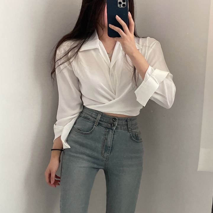 EUNII Wrap Blouse Kemeja Lengan Panjang Wanita Terbaru Crop Top Baju Wanita