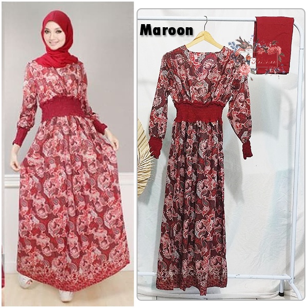 Gamis Batik Wanita Bahan Katun Halus Kombinasi Rayon Set Dress Motif Batik+Pashmina Full Karet Pinggang Keliling Rempel Gamis Batik Muslimah Maxy Dress Muslimah Fit L