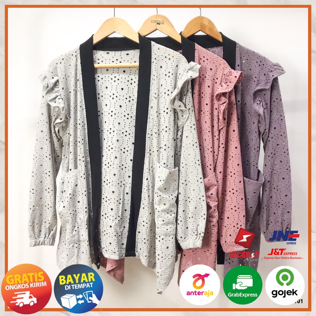 Atasan Outer Cardigan Wanita Brukat Polos List Hitam Casual Korean Style Kekinian Murah