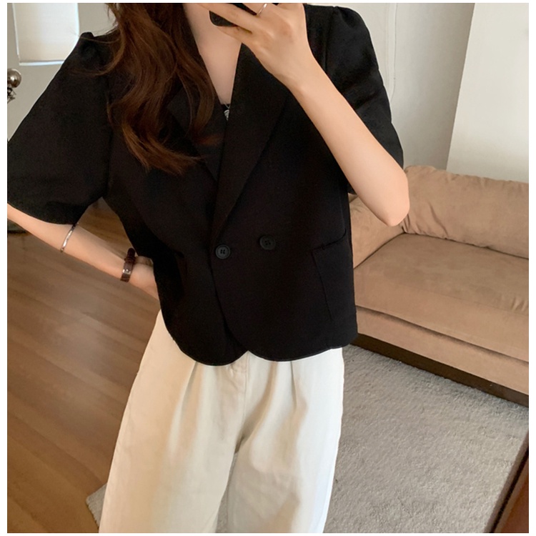 EUNII Blezer Wanita Lengan Pendek Kasual Crop Top Baju Wanita Korean Style